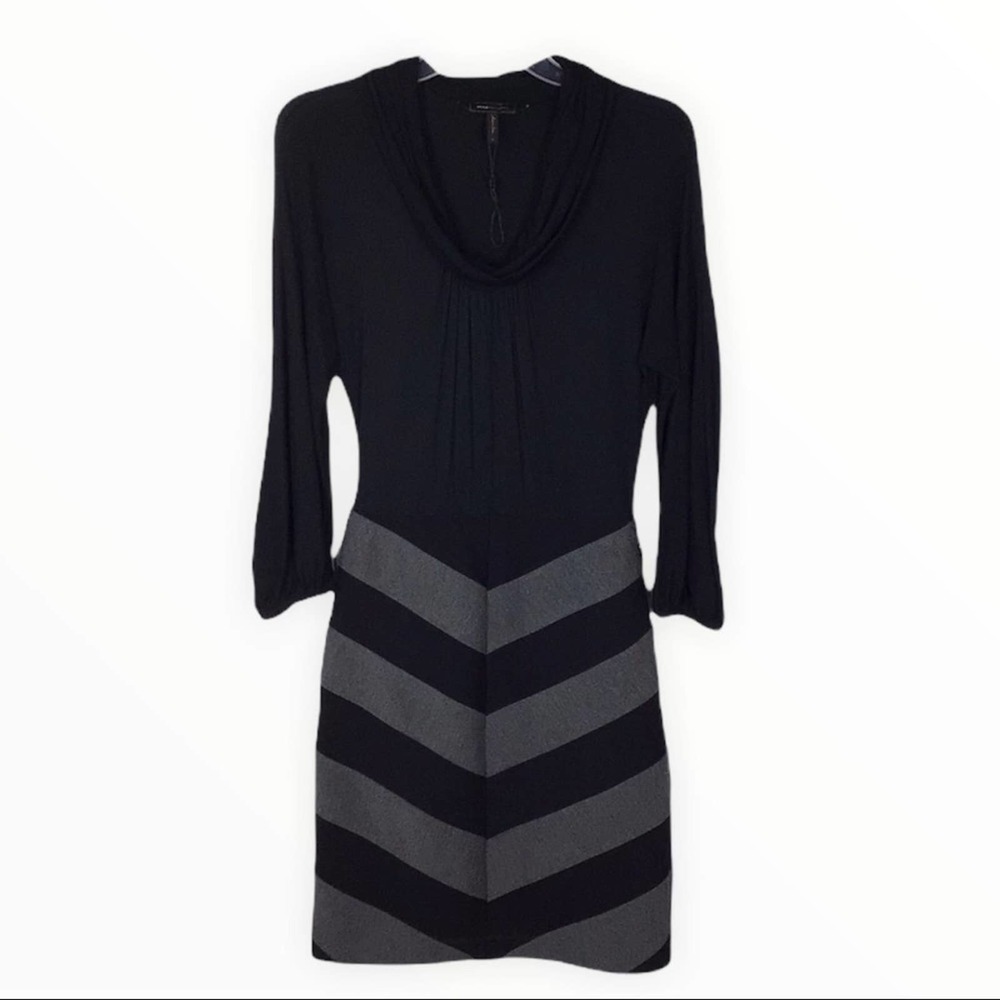 BCBGMaxazria | Black Gray Jersey Knit Chevron Cowl Neck Sheath Dress 0